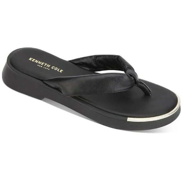 KENNETH COLE NEW YORK ATHENS TONG BLACK LEATHER FLATFORM SANDALS Size 7.5 - Picture 1 of 7